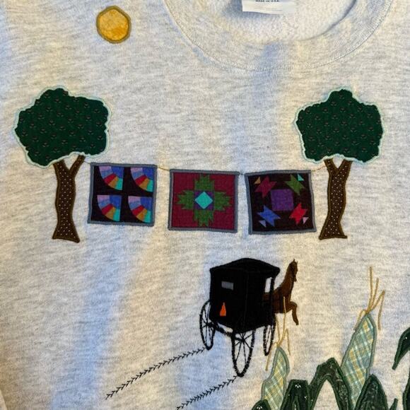 VTG Pastoral Amish Corn Quilt Santee Handmade Embroidered Sweatshirt Sz Unisex S - Picture 10 of 12